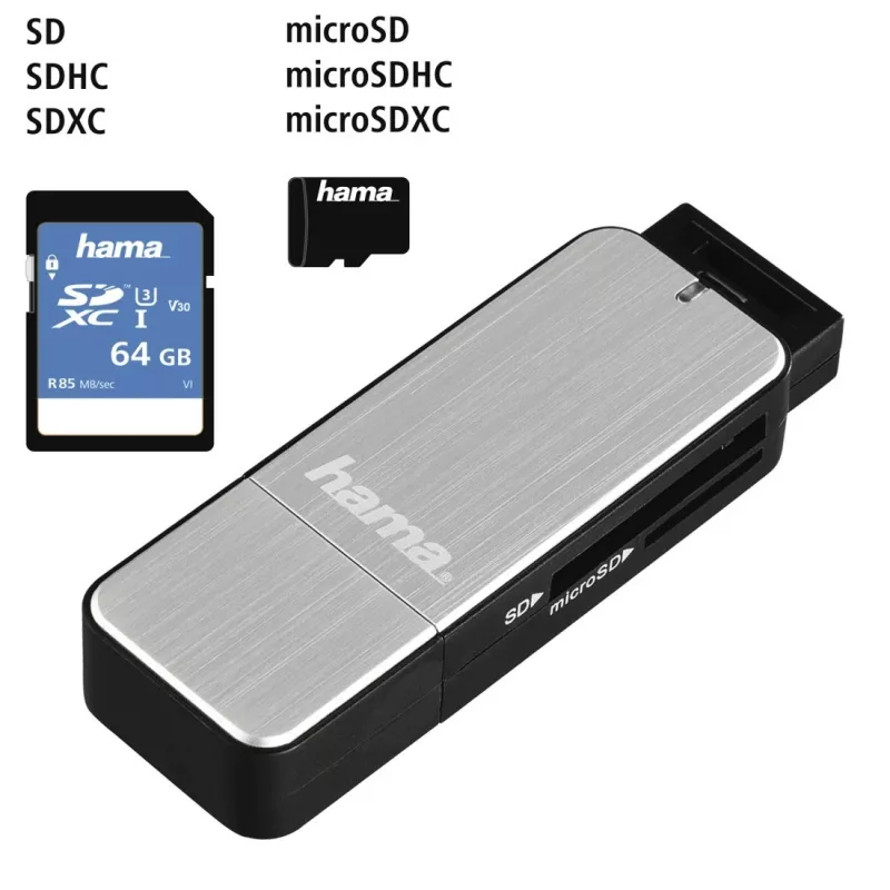Hama 123900 USB 3.0-kaartlezer SD/microSD, aluminium, zwart/zilver