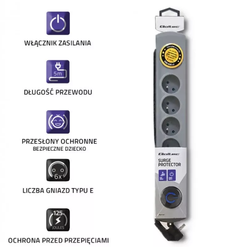 Overspanningsbeveiliging QOLTEC 50199 — 6 stopcontacten, 5 m kabel