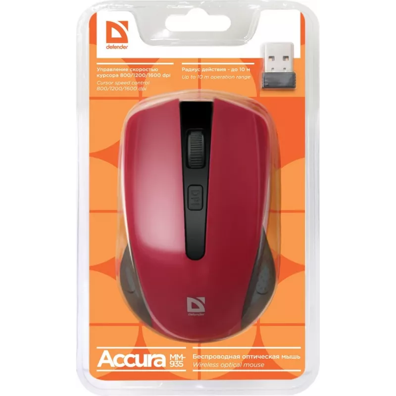 Draadloze optische muis DEFENDER MM-935 RF – voor beide handen, 1600 DPI, rood, RF-USB-ontvanger, AAA-batterijen