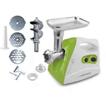 Vleesmolen ESPERANZA EKM012G — 600 W, RVS-mes, worsthoorntje, kebbe-opzetstuk, achteruitloop, antislipvoetjes, wit/groen