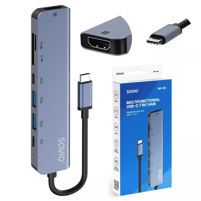 USB Type-C hub SAVIO AK-82 met HDMI, MicroSD, USB 3.2 Gen1, PD-doorgang, 4K@30Hz, 5000 Mbit/s, zwart