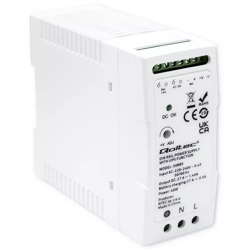 Qoltec 50885 Stabiele DIN-rail voeding met UPS-functie | 40W