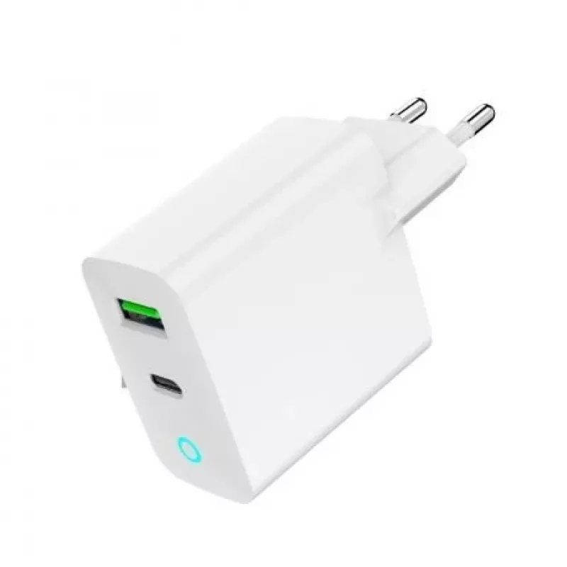 Netlader 220V GEMBIRD, universeel, 1x USB Type-C PD 20 W, 1x USB-A 3.0 QC 18 W, LED-indicator, wit