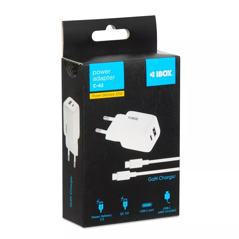 USB-oplader IBOX ILUC42W 42W (max. 33W), 1×USB-C PD3.0, 1×USB-A QC3.0, 100–240V, wit