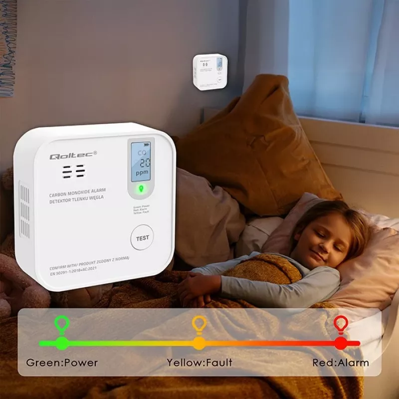 Koolmonoxide-sensor QOLTEC 52577 — batterijgevoed alarm, 85 dB geluidsniveau