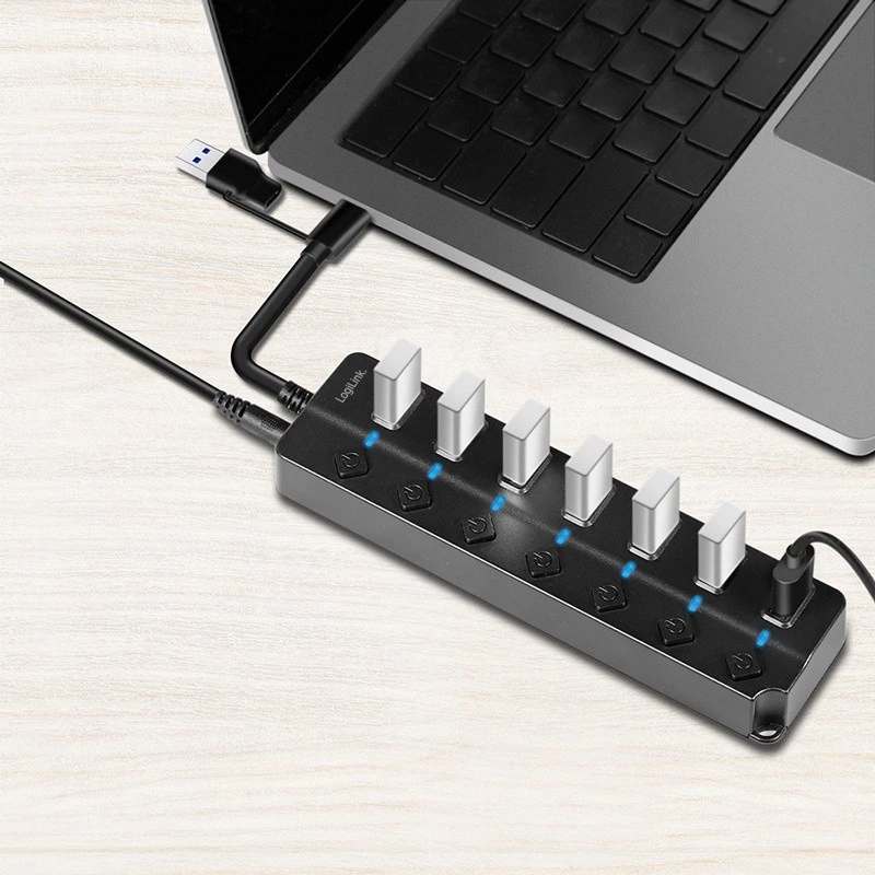 USB 3.2 Gen 1-hub, 7 poorts met aan-/uitschakelaar, zwart