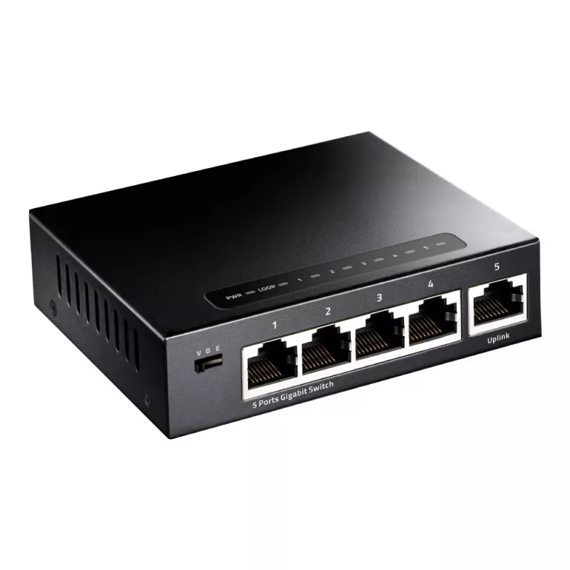 Netwerkswitch Cudy GS105 — 5-poorts gigabit-ethernet (10/100/1000), zwart, 5 V DC voeding inbegrepen