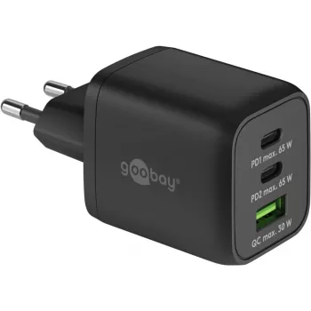 USB-C snellader Nano, PD, GaN, 65 Watt, USB-C gevlochten kabel (zwart, 1x USB-A, 2x USB-C PD, Quick Charge 3.0, 1 meter kabel)