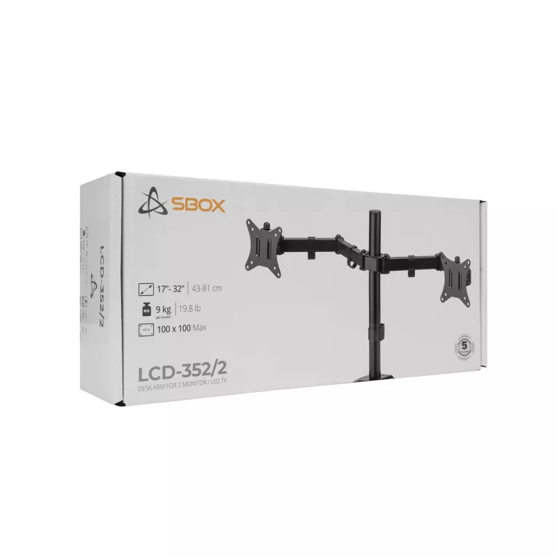 Monitorwandbeugel SBOX LCD-352/2-2 voor 13–32 inch schermen, dubbele arm, 2×8 kg draagvermogen, VESA 100×100