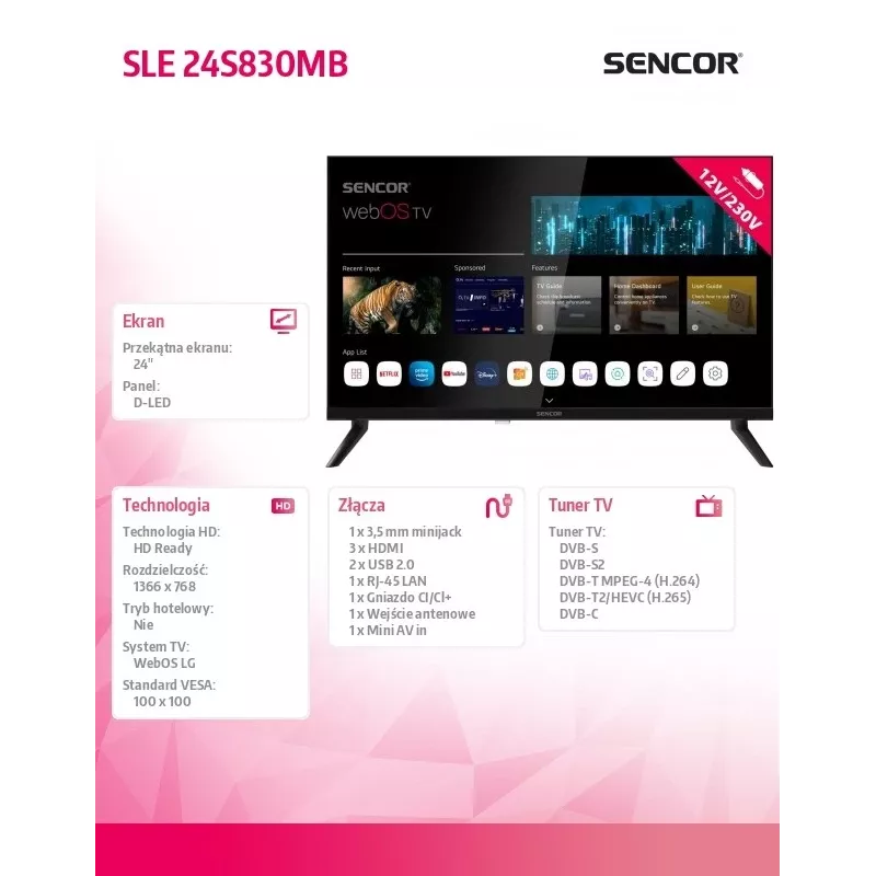 24 inch LED smart display televisie SENCOR SLE 24S830MB — HD-resolutie, energie-efficiëntieklasse E