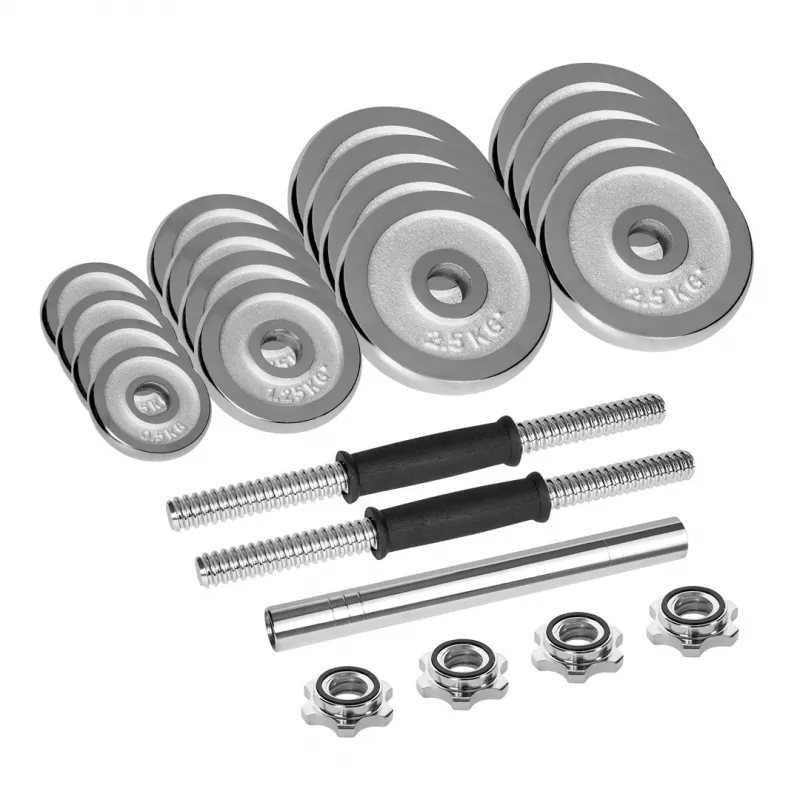 Verstelbare dumbbellset van gietijzer met chromen afwerking 30 kg in koffer met halterstang van Rebel Active