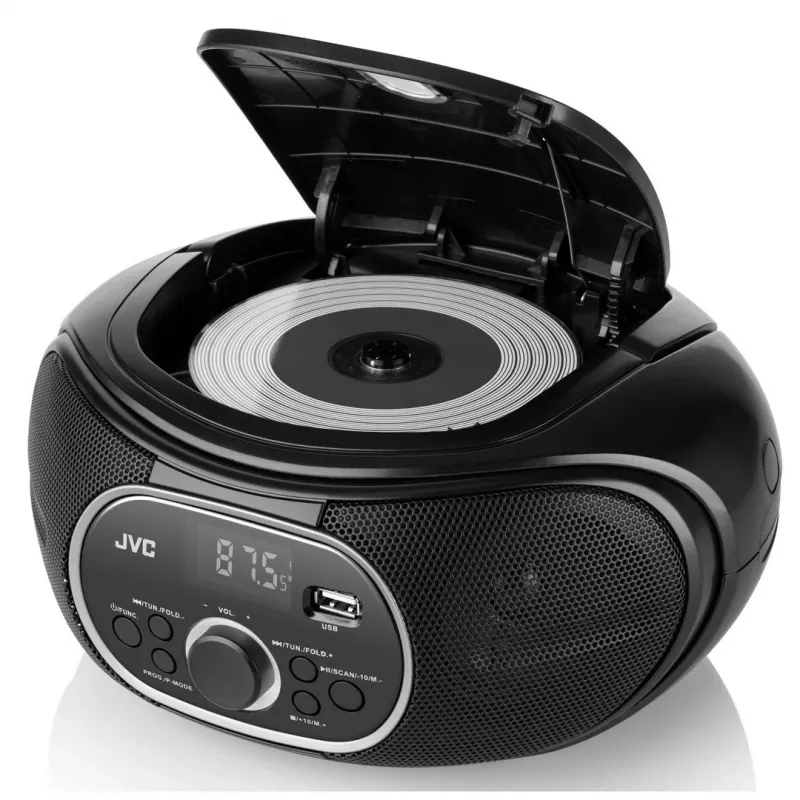 Draagbare CD-speler JVC RD‑E221B — zwart, CD/MP3, cassettedeck, USB-weergave, FM-radio, AUX, batterij-/netvoeding