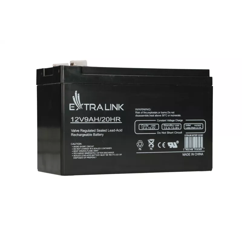 Verzegelde lood-zuur (VRLA) batterij 12V 9Ah Extralink – AGM, 1 stuk, zwart