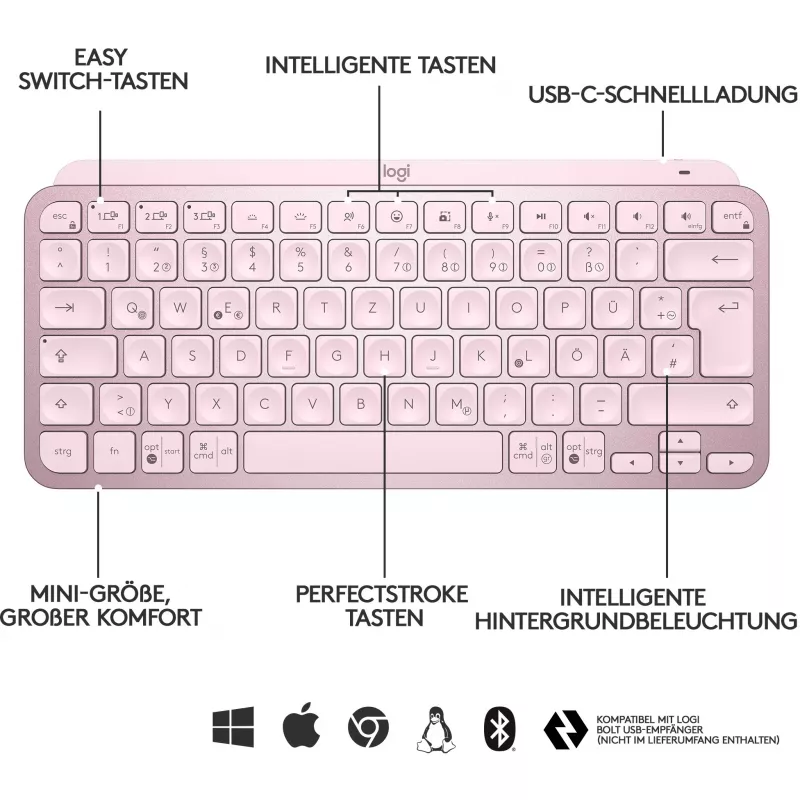 Logitech MX Keys Mini Minimalist draadloos verlicht toetsenbord - ROSE - CENTRAL (DE)