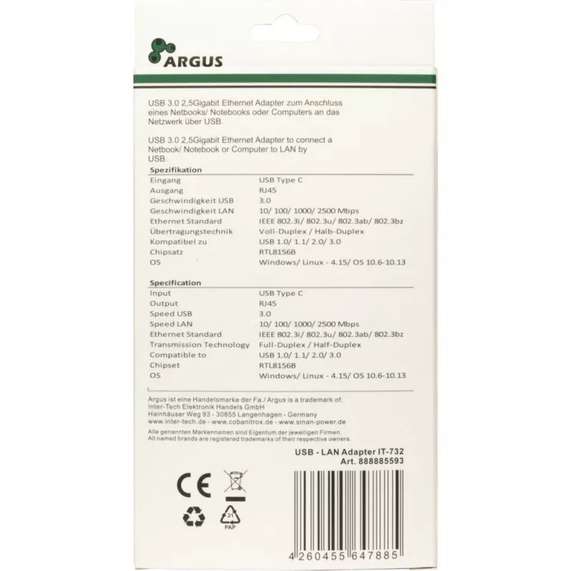 Ethernet-adapter Inter-Tech IT-732 2500 Mbit/s USB Type-C bekabeld