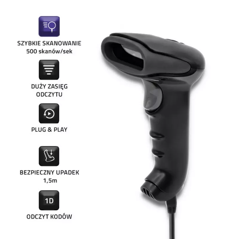 Qoltec 50866 1D CCD laser barcodescanner, USB, zwart