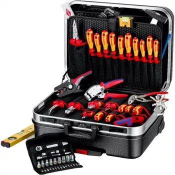 Monteurswerkzeugsets Knipex 00 21 06 — 68 gereedschappen, inclusief punt- en waterpomptang, rood/gele gereedschappen, zwarte koffer (515×438×265 mm)