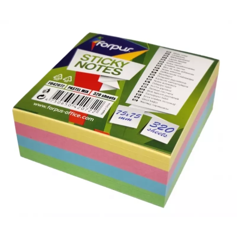Plaknotities Forpus, 75x75 mm, mix van 4 pastelkleuren, kubus (1x320)