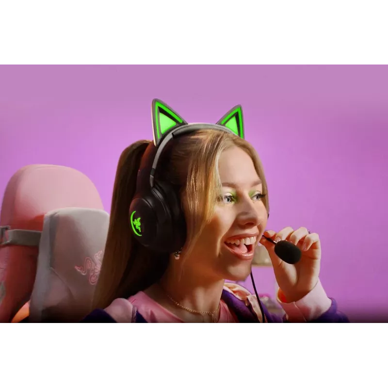 Kraken Kitty V2 - zwart, gamingheadset, kattenoren, stream-reactieve verlichting, HyperClear-cardioïdemicrofoon, 40 mm TriForce-drivers, ingebouwde microfoon in de oorschelpen, Razer Chroma RGB (oor en oorschelpen), surround sound: alleen beschikbaar onder