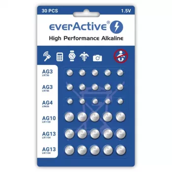 Alkalinebatterijen everActive AGMIX30BL 1,5 V — verpakking met 30 stuks, knoopcellen
