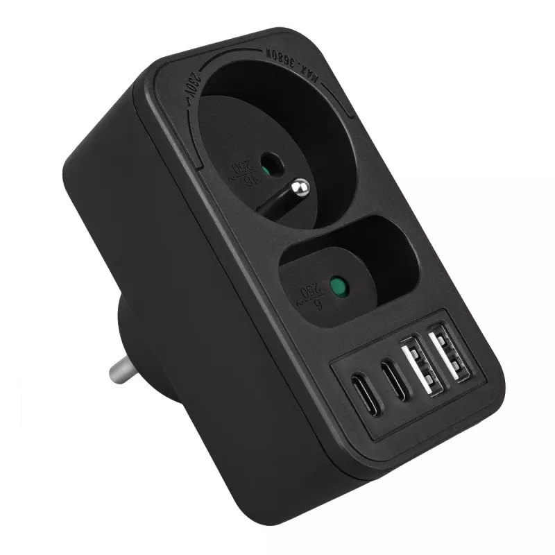 Power splitter MACLEAN MCE249 F/B – 2 AC-stopcontacten (16A + 6A) met 2×USB-A en 2×USB-C PD 20W, EU-stekker, zwart