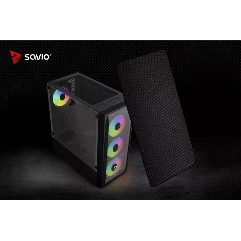 PC-behuizing SAVIO Noctis Flow RGB — Cube, ATX/Mini-ITX, 3x 120 mm frontventilatoren, zijvenster van gehard glas, max. GPU 35 cm