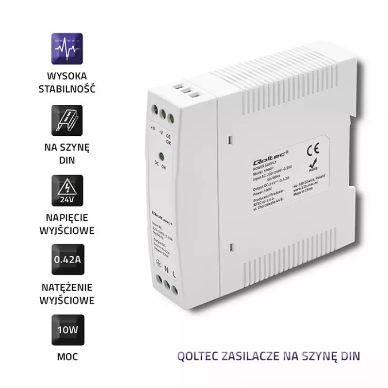 DIN-rail voeding 10W, 24V, 0,42A, slank