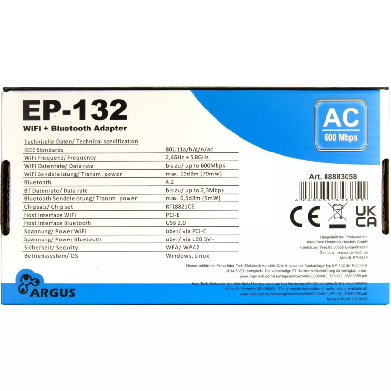 Draadloze USB-netwerkadapter INTER-TECH Argus EP-132, USB 2.0, Wi-Fi 5 (tot 600 Mbit/s)