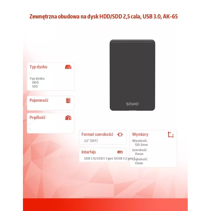 Harddisk-/SSD-behuizing SAVIO AK-65 zwart 2,5 inch SATA USB 3.0 5 Gbit/s Micro-USB