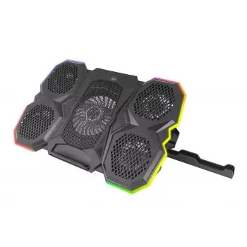 Laptop-koelpad ESPERANZA EGC107 – 3 ventilatoren 1200–2600 tpm, 390×255×38 mm, USB PD, RGB, 5 hoogtestanden, zwart