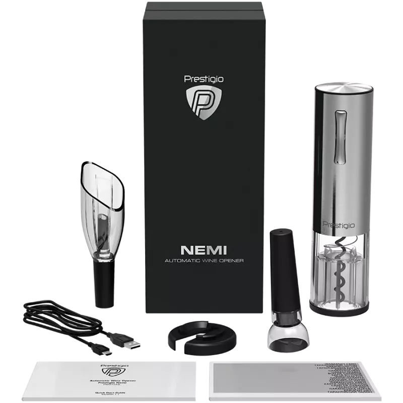 Nemi, elektrische wijnopener, beluchter, vacuümconserveerder, zilver