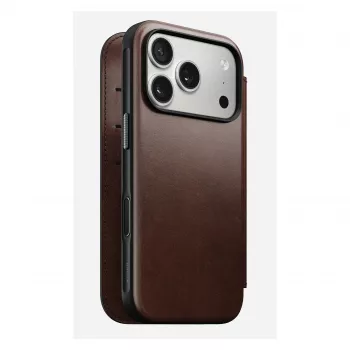 Telefoonhoesje Nomad Modern Leather Folio voor iPhone 17 Pro, leer/aluminium, 16 cm (6,3 inch) bruin, 4 vakken voor kaarten