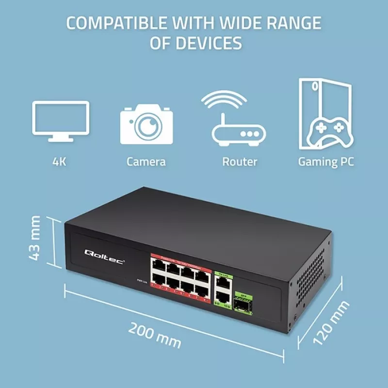 Ethernet switch QOLTEC 52297 PoE RJ45 met PoE-uplink en SFP-poort