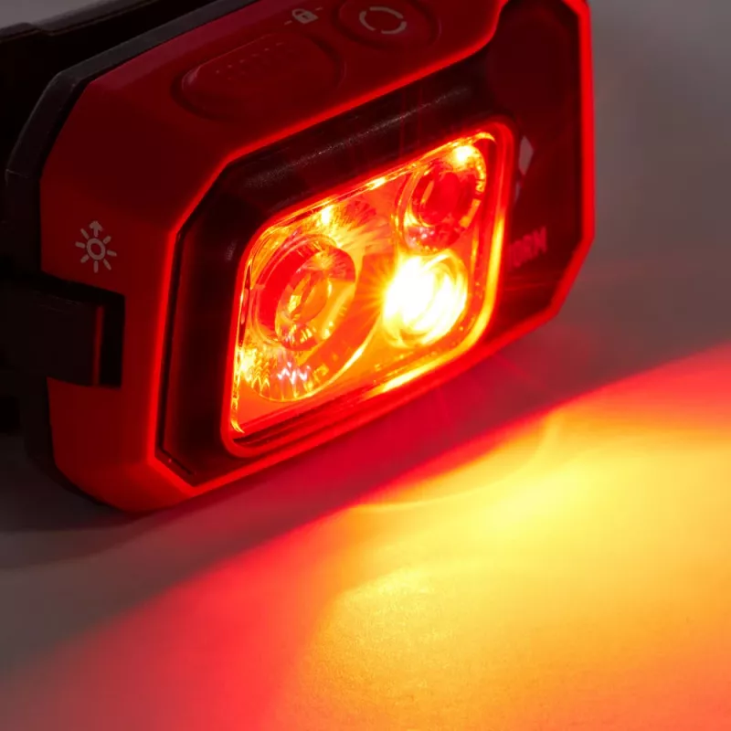 Black Diamond Storm 450 hoofdlamp met zwarte, rode hoofdband