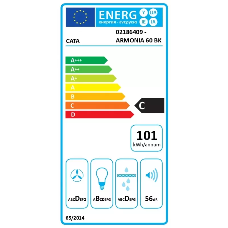 CATA Armonia 60 BK afzuigkap, 645 m³/h, breedte 79,8 cm, energieklasse C, LED, zwart