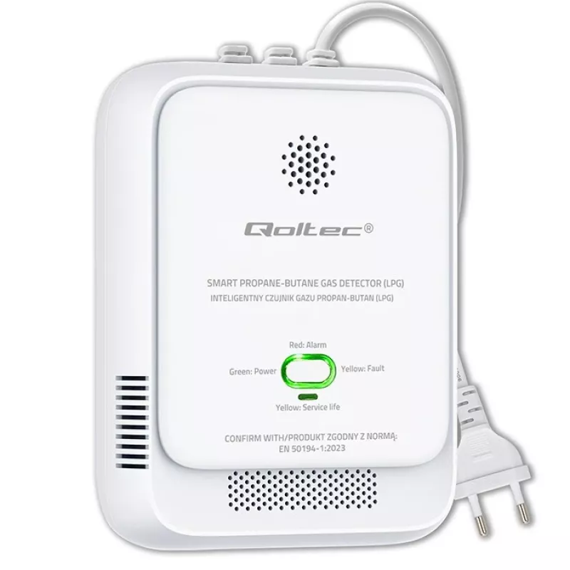 Gasleksensor QOLTEC 52652 — propaan/butaan (LPG) detector, 85 dB alarm, LED-indicatie