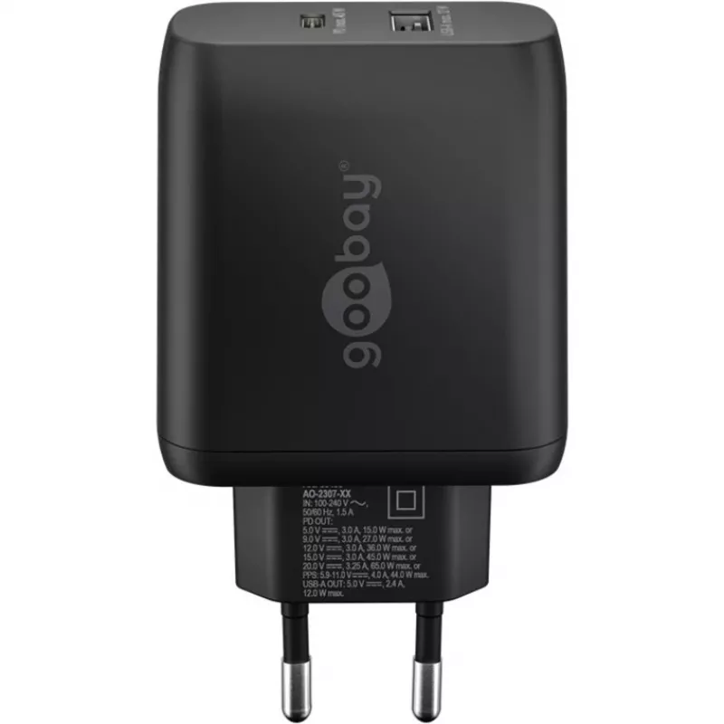 USB-C dual-fast charger, PD, GaN, 65 watt (zwart, 1x USB-C, 1x USB-A, Power Delivery)