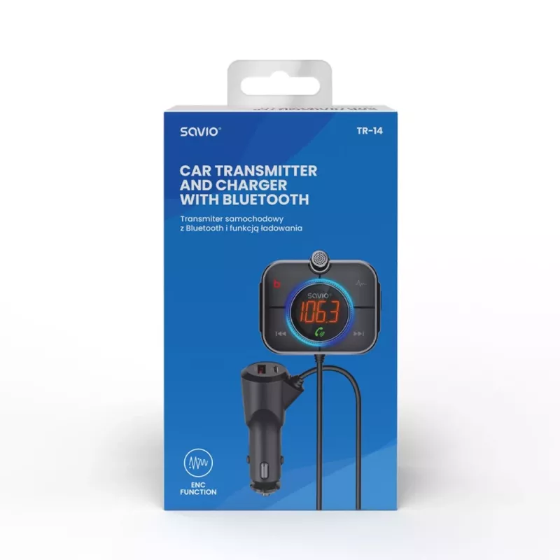 FM-transmitter SAVIO TR-14 Bluetooth USB, FM 87,6–107,9 MHz, MicroSD, USB-C, 12 V autostroom