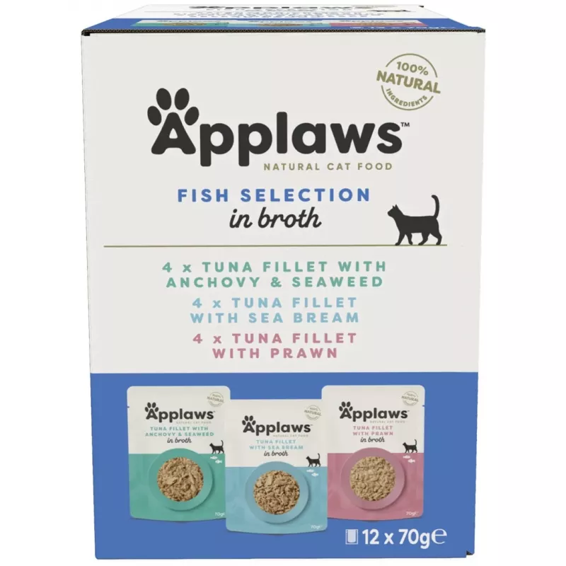 Applaws selectie vis in bouillon, multipack natvoer voor katten, 12 × 70 g