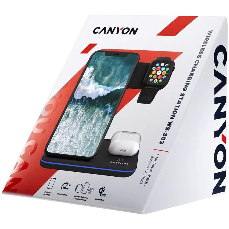 Canyon Draadloze oplader Dock 3in1 QI voor Apple 15W zwart retail