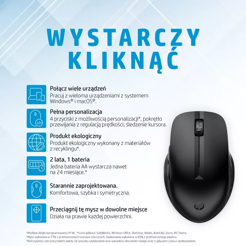 HP 435 draadloze multi-device muis, dubbelhandig, RF draadloos + Bluetooth, 4000 DPI, zwart