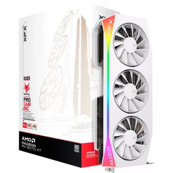 Videokaart XFX Radeon RX 9070 XT — 16 GB GDDR6, 256-bit, PCIe x16, 3 ventilatoren, wit, 360 mm