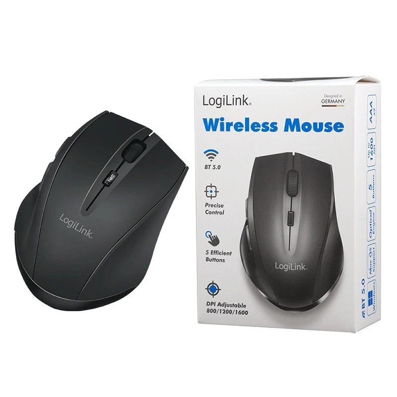 Logilink draadloze muis BT5.0, ergonomisch, zwart