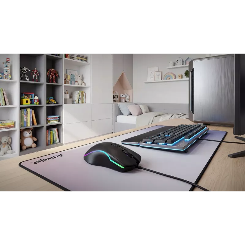 Bedrade verwarmde gaming-muis ActiveJet AMY-W390 — dubbelhandig, optisch 2000 DPI, USB Type-A, 4 knoppen, zwart