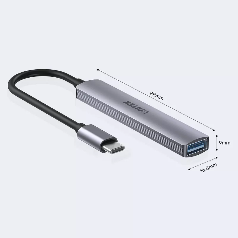 USB-C-hub Unitek H1208B — 1x USB-A 5 Gbit/s, 3x USB-A 2.0, USB-C-host, aluminium behuizing, 0,20 m kabel