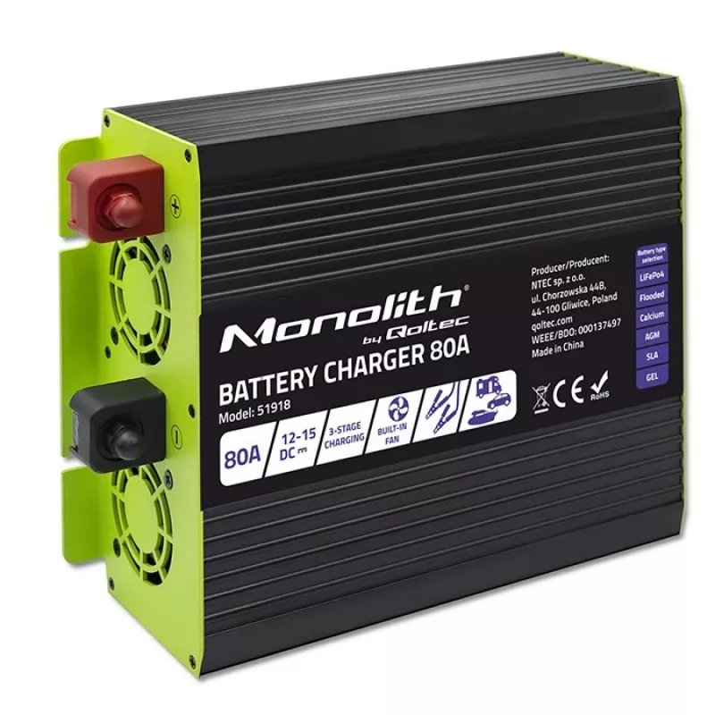Acculader QOLTEC 51918 80A 12V – oplader voor LiFePO4-, AGM-, GEL-, SLA-batterijen