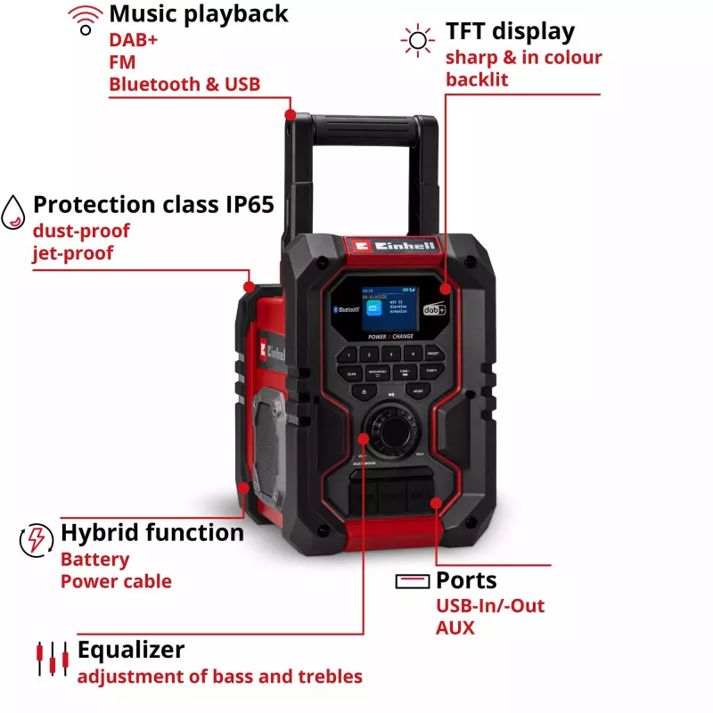Draagbare radio EINHELL TE-CR 18 Li DAB+ FM Bluetooth USB, accu-aangedreven (TE-CR 18 Li compatibel)