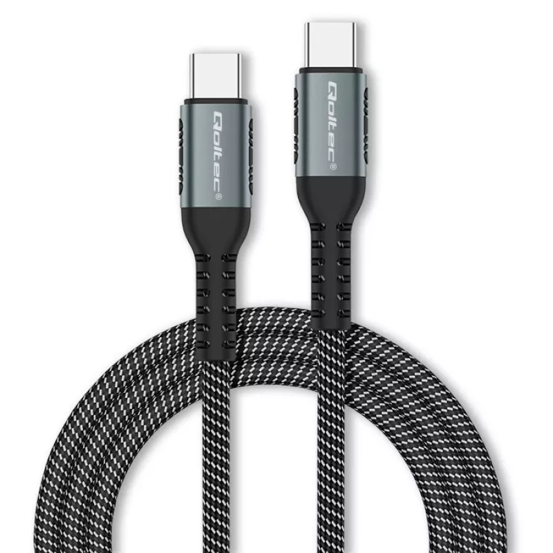 Qoltec 52358 USB-C-naar-USB-C-kabel, USB 2.0, 480 Mbps, 100 W PD, QC 3.0, nylon gevlochten, 1,5 m, zwart