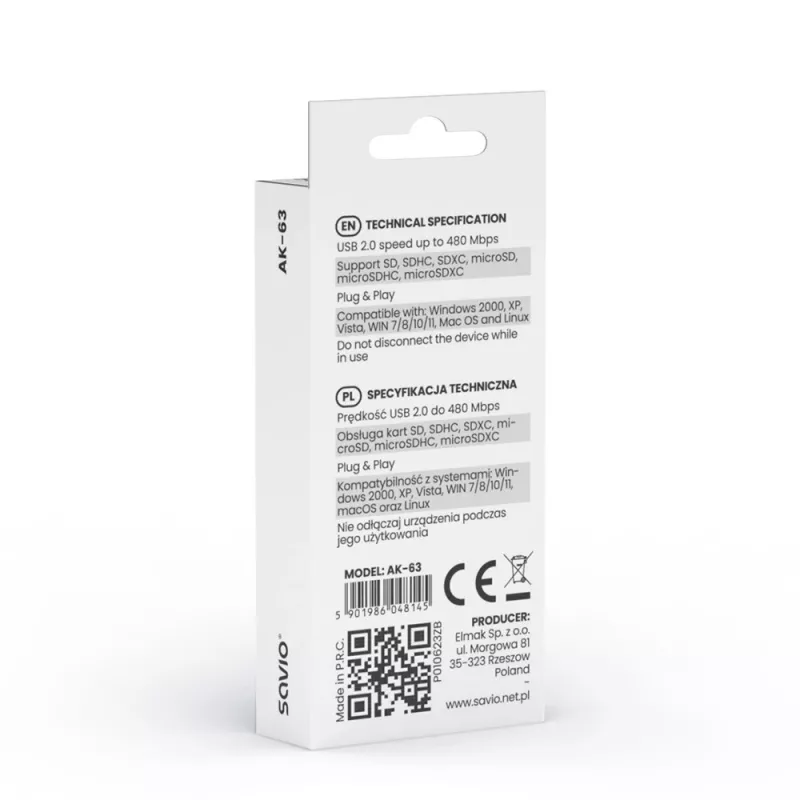SD-kaartlezer, USB 2.0, 480 Mbit/s, AK-63 Savio SAVAK-63