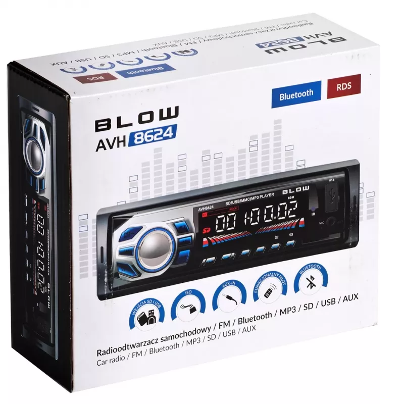BLOW AVH-8624 autoradio, 1 DIN, FM RDS, Bluetooth, USB, SD/MMC, AUX, MP3, lcd-display, afstandsbediening, zwart